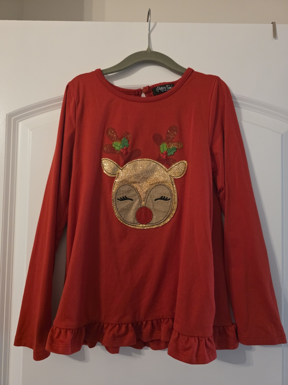 Rene Rofe Red Long-Sleeve Girls' Reindeer Applique Top